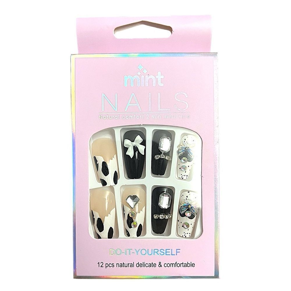 Press On Nails Black And White Cow Print With Rhinestones Coffin Shape